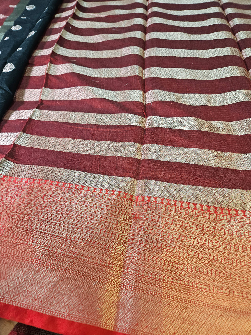 Black and Red Contrast Banarasi Cotton Zari Border Boota Saree