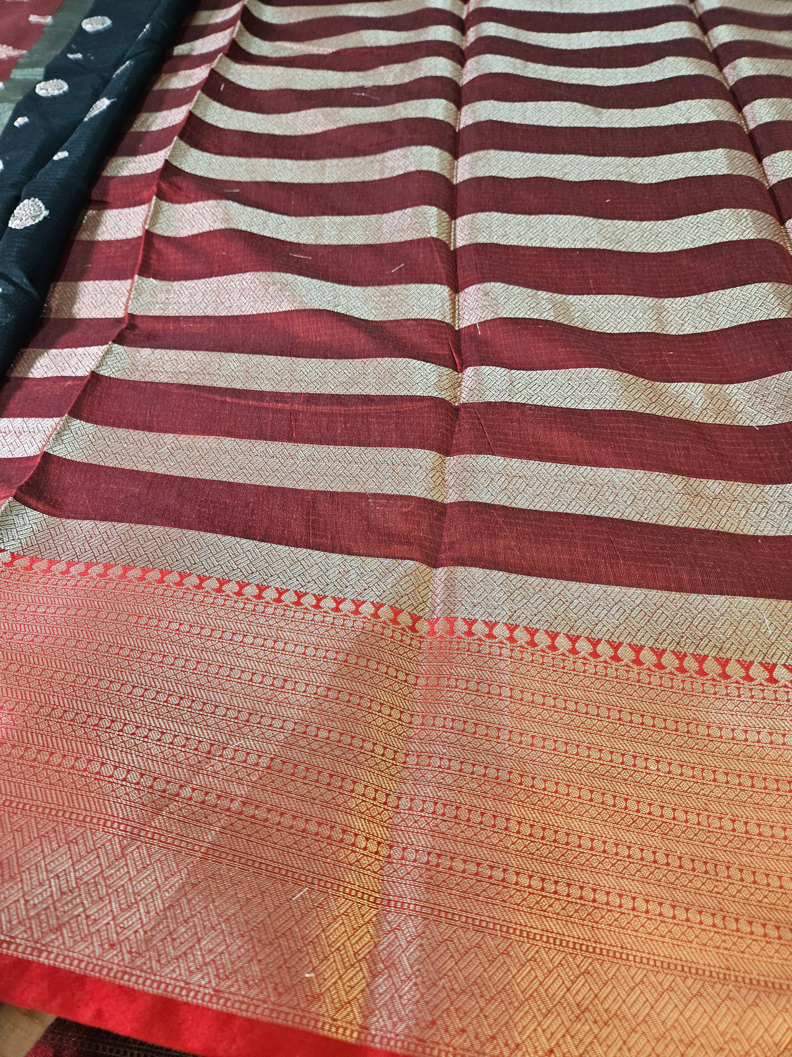 Black and Red Contrast Banarasi Cotton Zari Border Boota Saree