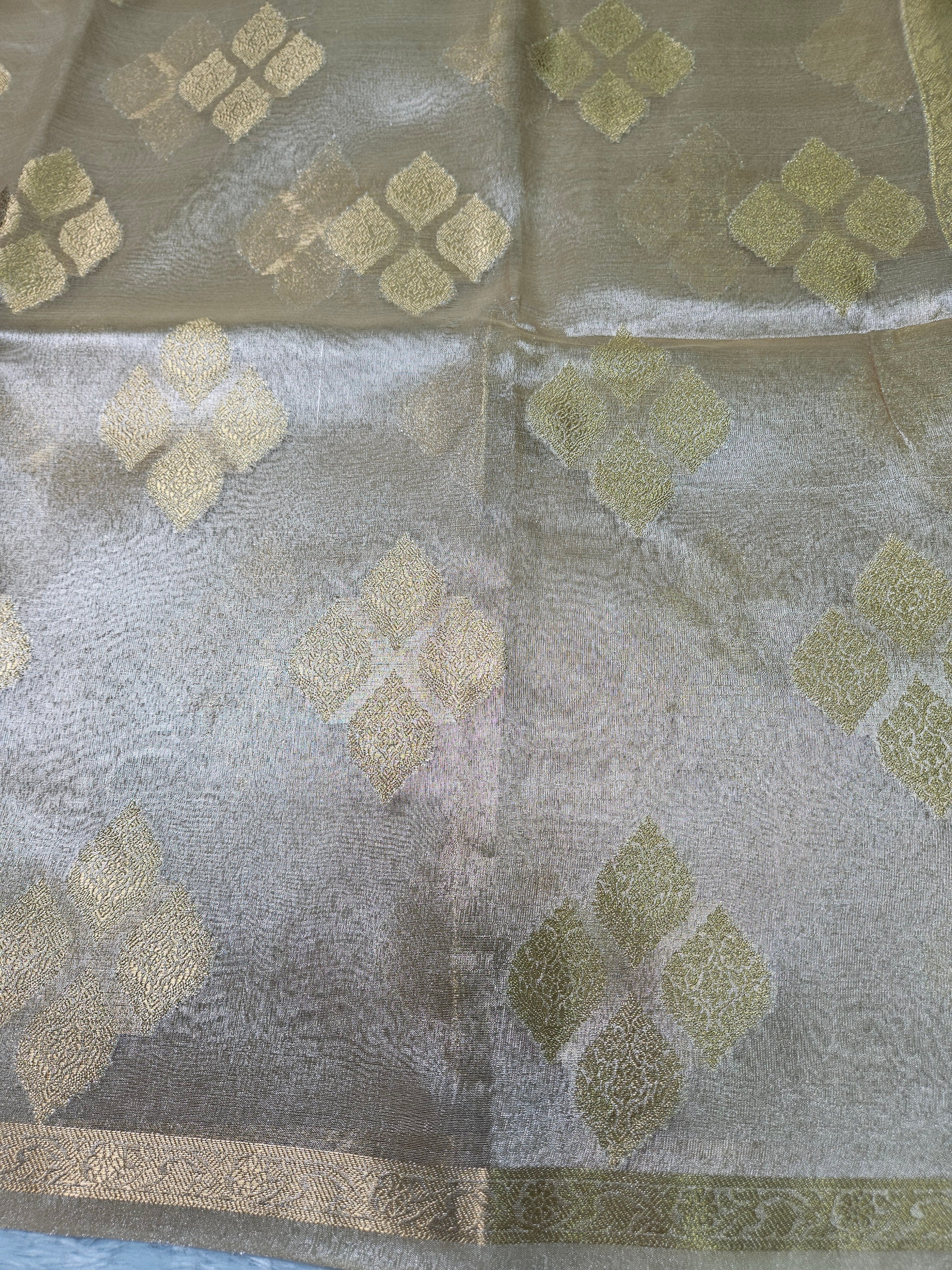 Tasar Gold Banarasi Tissue Zari Buti Design Small Border Saree