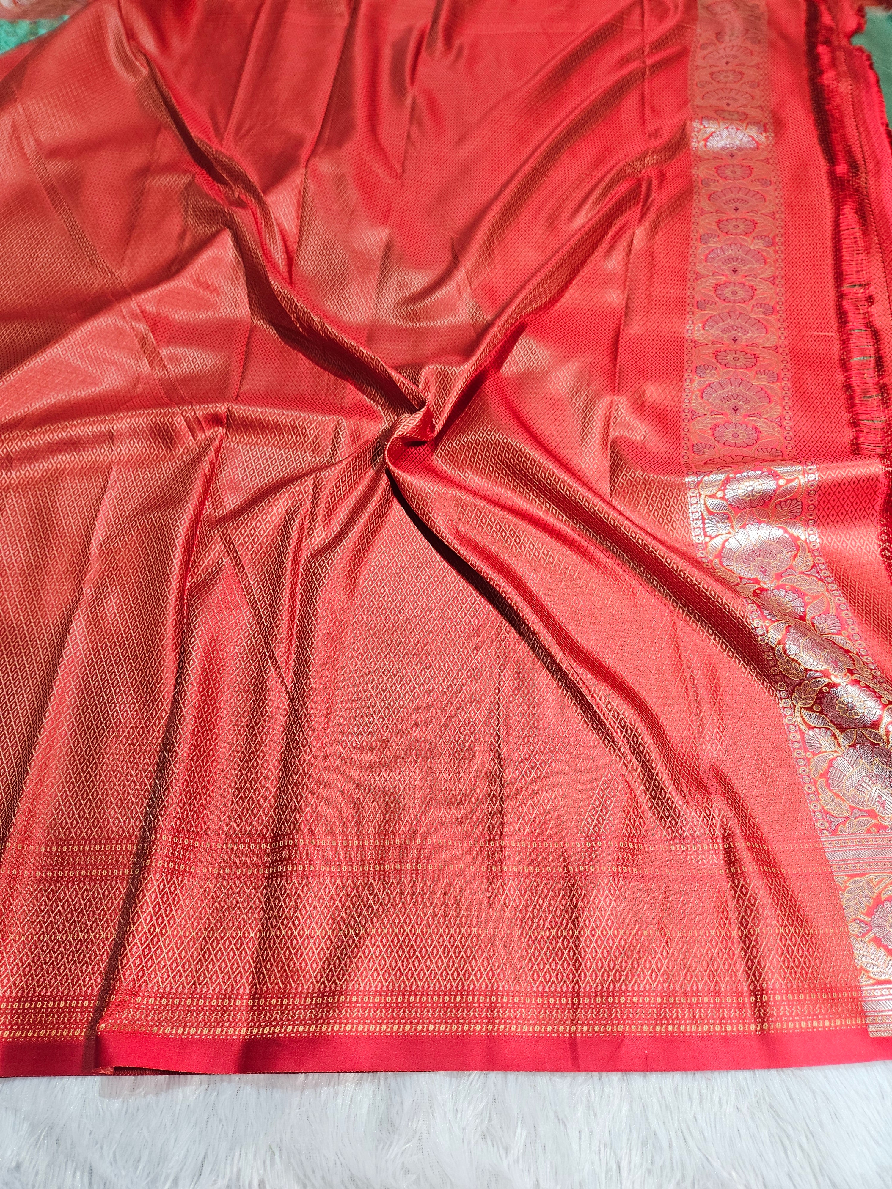 Sea Green and Red Contrast Banarasi Jamewar Katan Satin Silk Saree with Multi Minakari