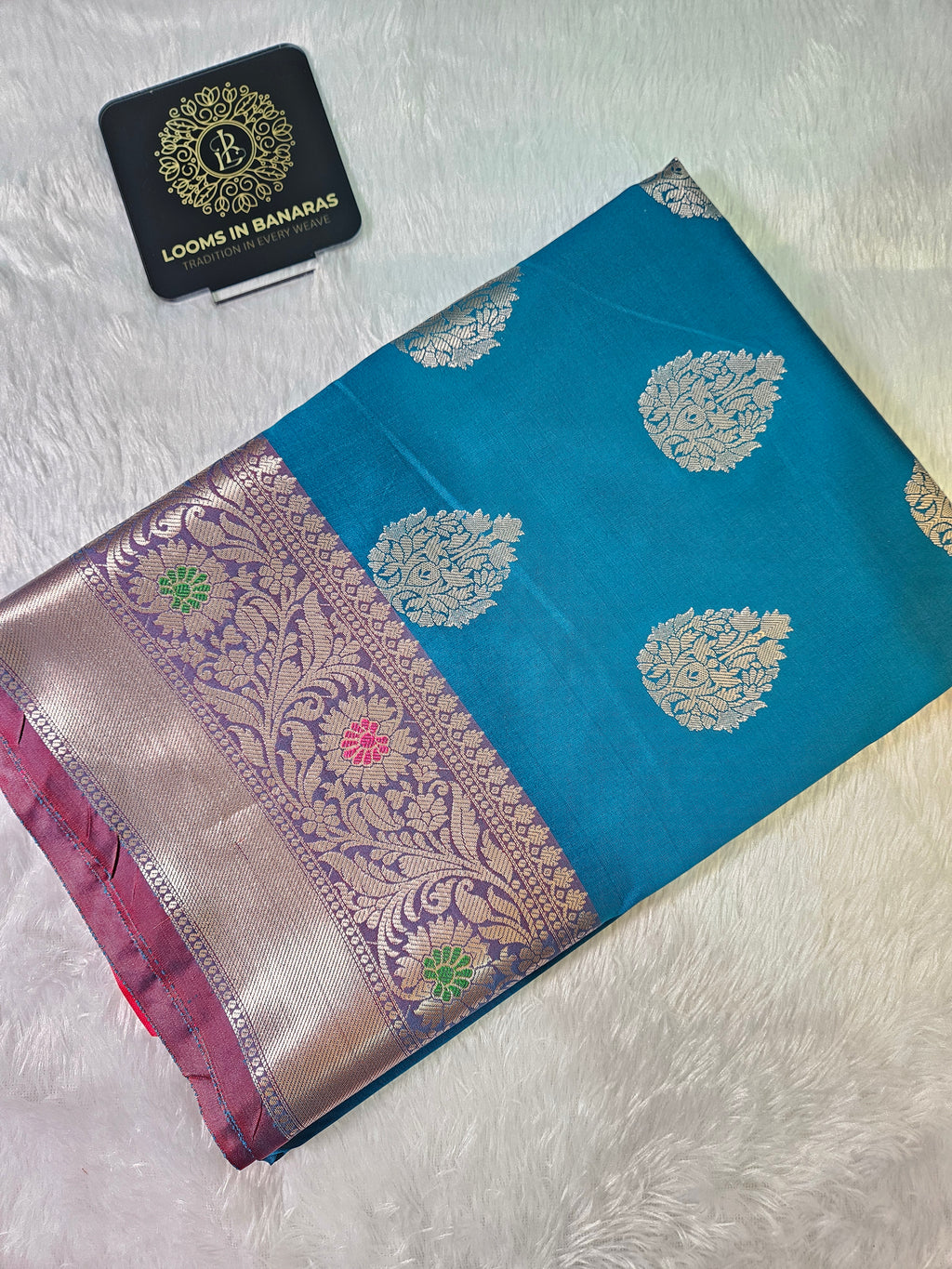 Firozi and Red Contrast Banarasi Silk Buta Zari Border Saree