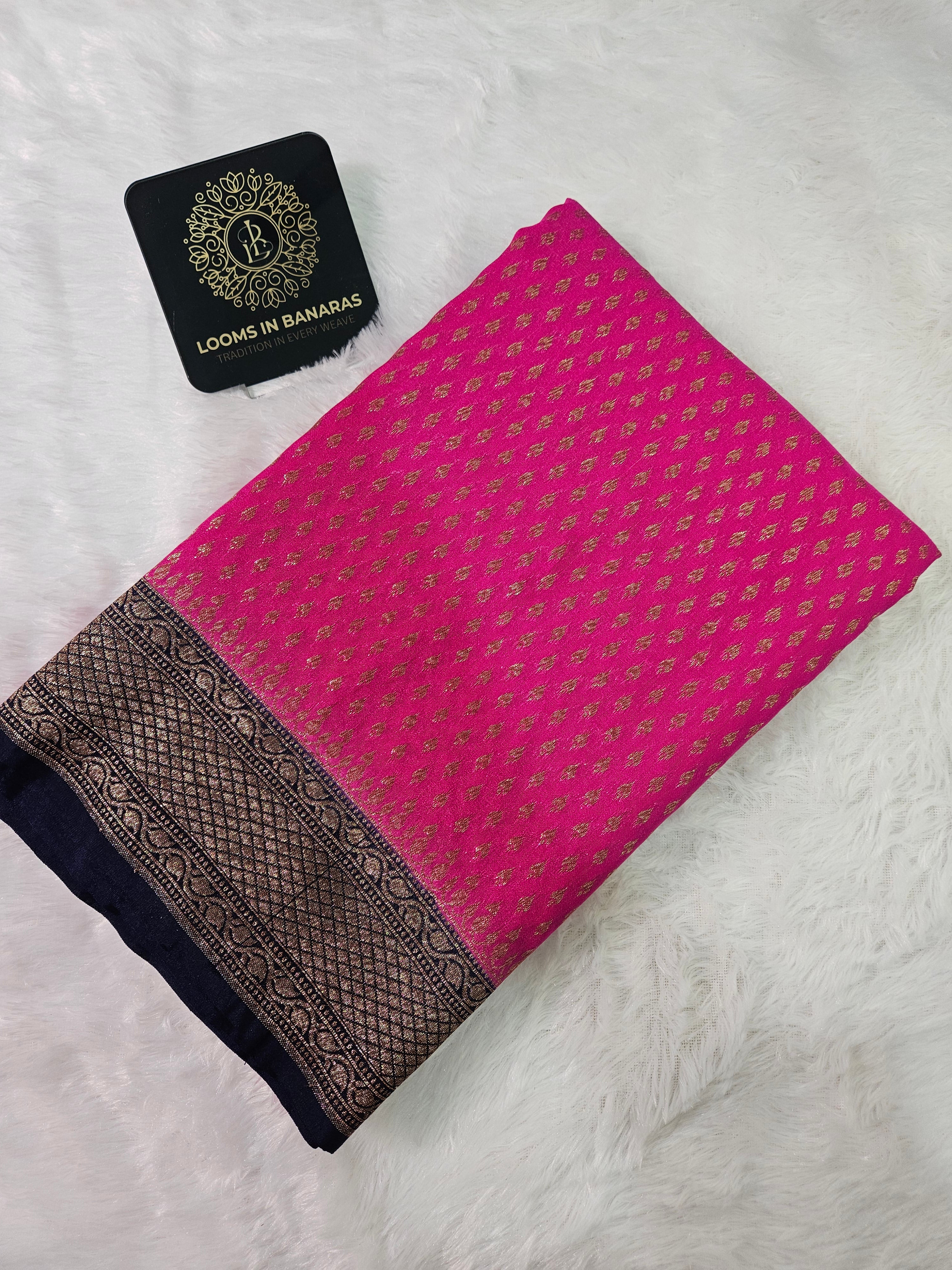 Banarasi Georgette Rani Pink Contrast Navy with Antique Zari Border buti