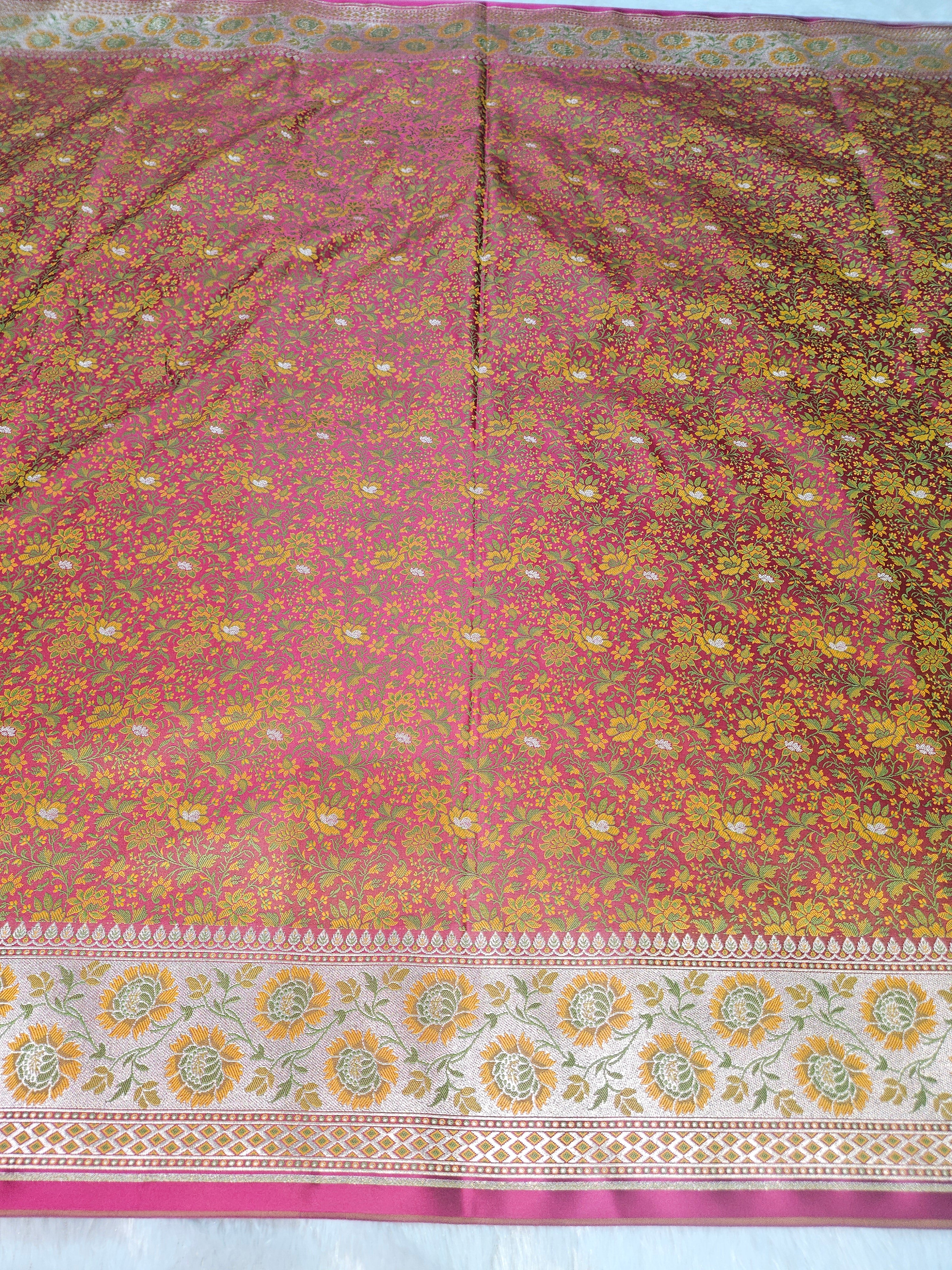 Rani Pink Banarasi Jamewar Satin Silk Saree with Gold Multi Mina.