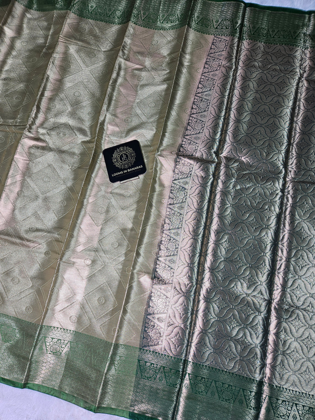 Pista Green Banarasi Soft Tissue Zari Brocade Design Saree Contrast