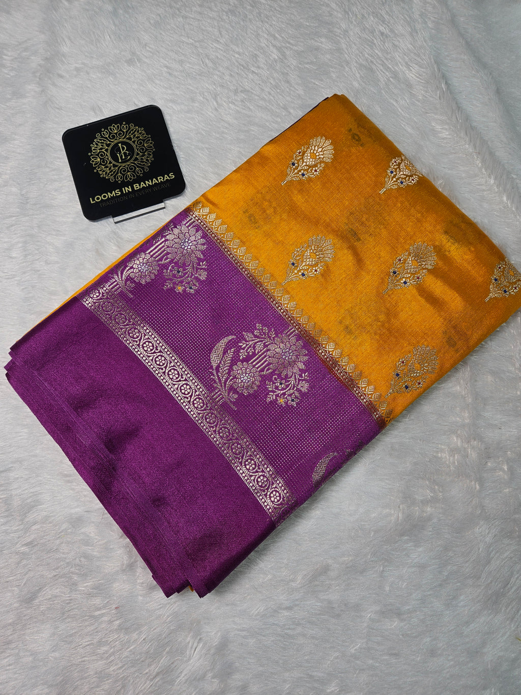 Banarasi Gold Yellow and Purple contrast Viscose Silk Fancy Border Booti Saree
