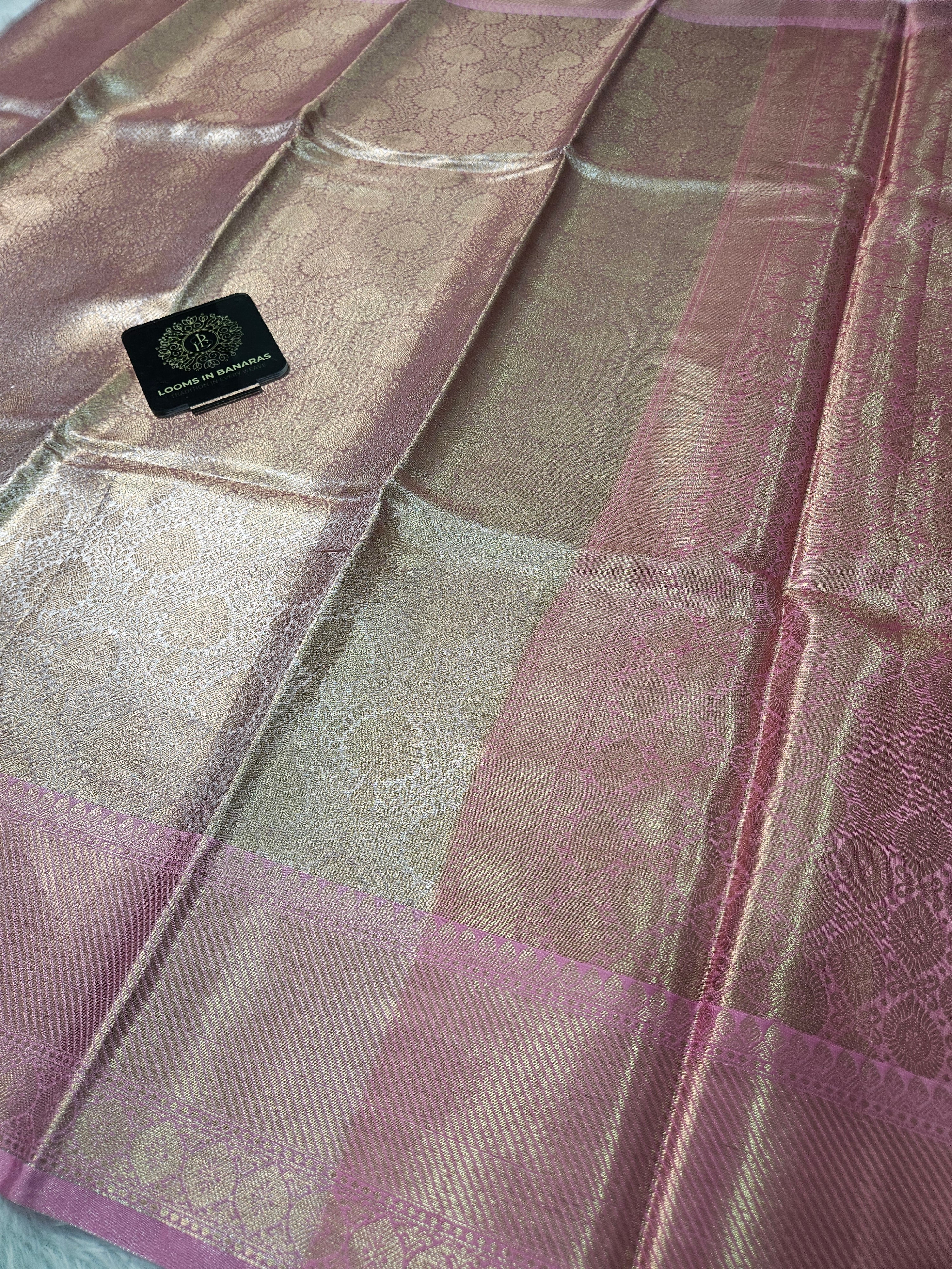 Rose Gold and Pink Contrast Banarasi Tissue Zari Brocade Design  Border Saree